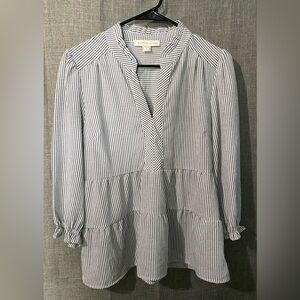 Monteau Women's Gray Striped Gauzy Blouse XL Long Sleeve Slot Collar Tiered Hem